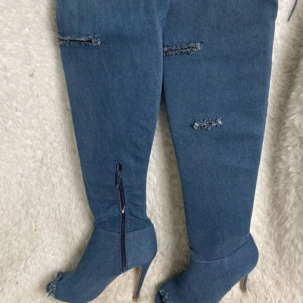 Wild Diva over the knee Denim 4”heels boots peep toe side zipper size 5.5